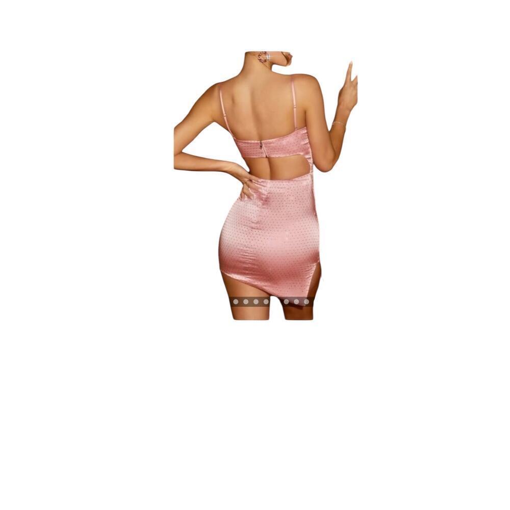 Oh Polly Sparkly Pink Satin Mini Dress – Rhinestone Cowl Neck Party Dress, SZ 10 - Picture 2 of 10